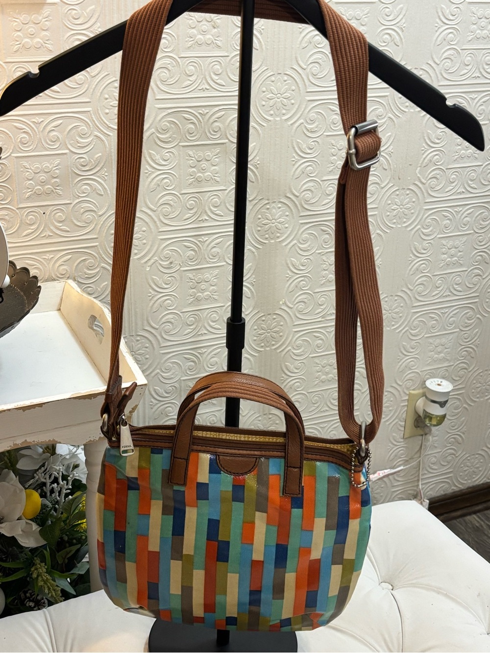 Fossil Multicolor Vertical Stripe Crossbody with Brown Trim